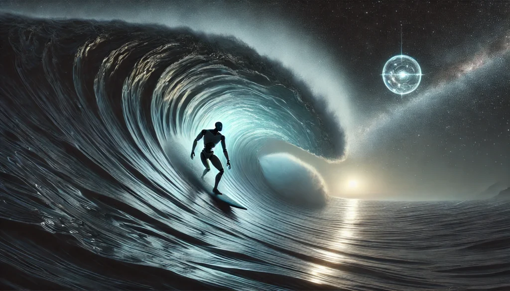 dall·e 2025 11 09 08.55.27 a highly realistic sci fi digital painting of a humanoid robot surfing a massive ocean wave at night. the robot is positioned deep inside the curling