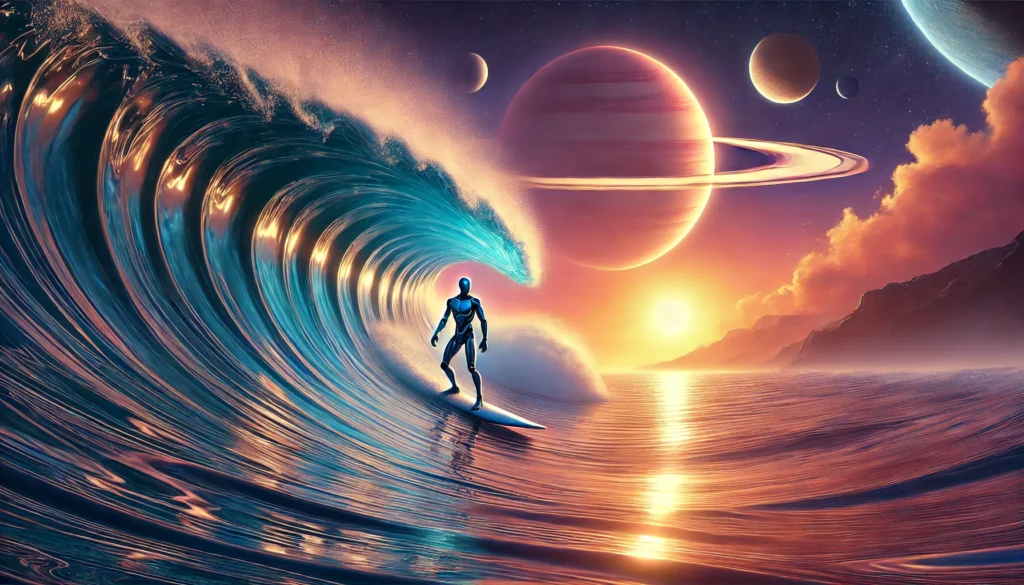 dall·e 2025 11 09 08.57.04 a highly realistic sci fi digital painting of a humanoid robot surfing deep inside the barrel of a massive ocean wave. the wave is large and physicall