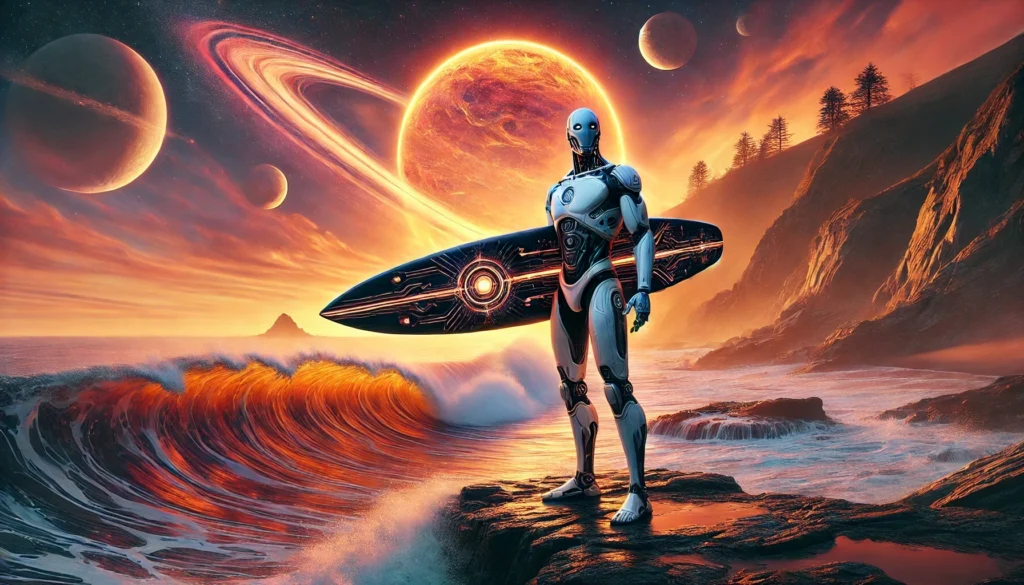 dall·e 2025 11 09 09.14.20 a humanoid robot surfer stands on a rugged coastal cliff, inspired by the real world california coast, holding a futuristic, metallic surfboard design