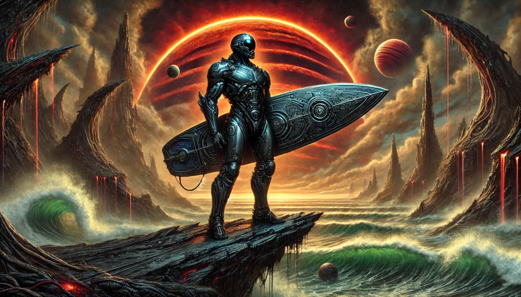 dall·e 2025 11 09 09.37.34 a dark fantasy sci fi illustration of a humanoid robot surfer standing on a jagged coastal cliff under a dramatic alien sky. the robot holds a heavy,