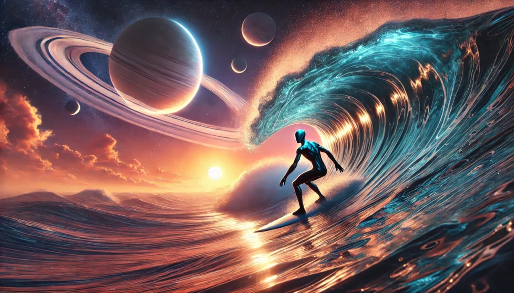 dall·e 2025 11 09 11.15.00 a highly realistic sci fi digital painting of a humanoid robot surfing deep inside the barrel of a massive ocean wave. the wave is large and physicall