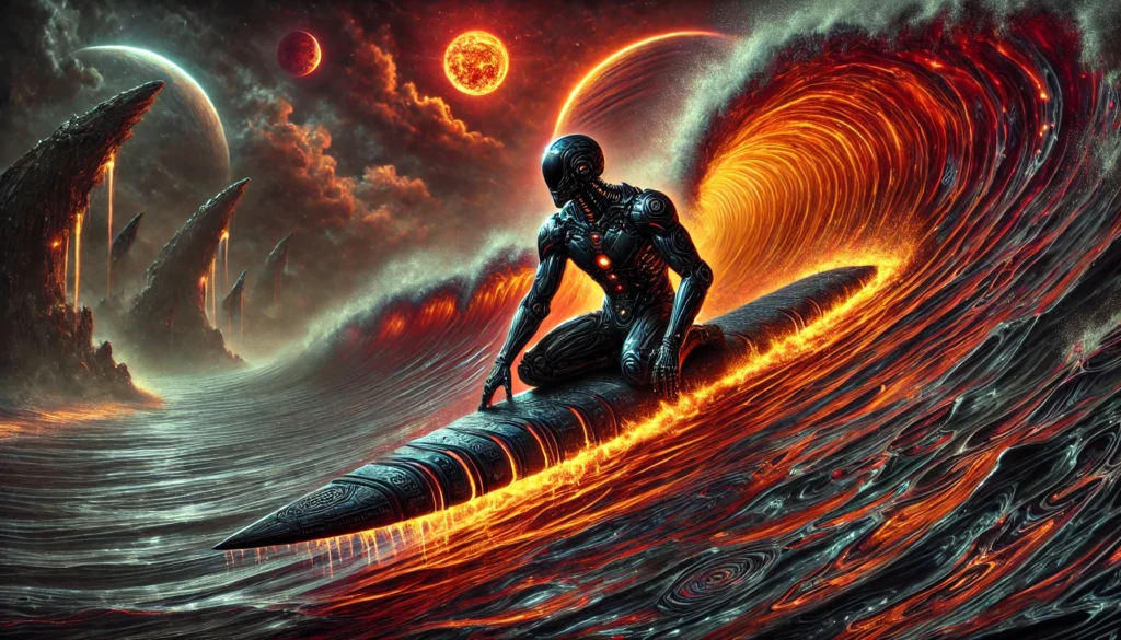 dall·e 2025 11 09 11.15.20 a dark fantasy sci fi illustration of a humanoid robot surfer paddling into glowing, molten orange waves in a shadowy alien ocean cove. the robot lies